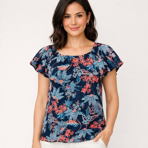 J. Jill Tops - J. Jill Navy Floral Linen Flutter Sleeve Top - Petite M